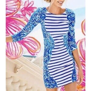 NWT Lilly Pulitzer Nila Dress Moon Jellies Stripe Womens Large Blue White